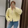 VUWWYV Yellow Patchwork Cable Knitted Cardigan Sweater Women Oversized Cropped Sweaters Woman Long Sleeve Casual Tops 210430