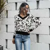 Damska jesień zima dzianiny swetry V-Neck Sweter Leopard Drukuj Długi rękaw Dzianiny sweter Luźne Topy 210520