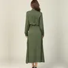 Kvinnor Höst Midi Shirt Klänning Lady Wave ArmyGreen Långärmad Nedgång Krag Casual Loose Holiday Dresses Plus Size Streetwear 210520