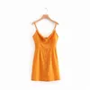 Vrouwen Vintage Solid Color Knoopt Linnen Sling Mini Dress Elegante Vestidos Casual Slanke Spaghetti Strap Knoppen Jurken DS864 210420