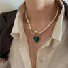 Retro Barock Unregelmäßige Natürliche Perlenketten Für Frauen Blau Grüne Farbe Glas Herz Anhänger Chokers Halskette Hochzeit Schmuck