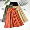 Sommar Kvinnor Kjolar Elegant Single-Breasted Elastic High Waist Solid Casual Bow Tie A-Line Knee-Length Skirt Lady 210514