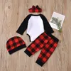 0-12M Christmas born Infant Baby Boy Girl Clothes Set Letter Romper Red Plaid Pants Hat Headband Outfits Xmas 210515