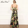Mode designer jurk zomer damesjurk spaghetti riem backless fruit citroen print maxi lange jurken 210524