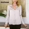 Solid Color Women Office Wear Satin Blouse Loose Snow Down Collar Shirt Toppar Casual Långärmade T-shirts Blusar 210413