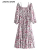 Bohemian Floral Print Long Sleeve Ruffles Wood ears Slash Shoulder Dress Woman Elastic Ruched Pleated Mid Calf Holiday Dresses 210429