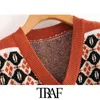 Women Fashion Geometric Pattern Cropped Knitted Vests Sweater Vintage V Neck Sleeveless Female Waistcoat Chic Tops 210507