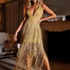 Llegada de las mujeres Sexy diseñador brillante borla oro vendaje Vestido señoras largo moda elegante ceñido al cuerpo Vestido de fiesta 210527