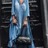 Женские платья оборками V-образным вырезом Винтажные джинсовые платья плюс размер свободный повседневный длинный сюмер синяя одежда 210524