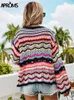 Практики многоцветные заблокированные вязаные пуловер женские летние повседневные вспышки рукава выдолбления свитера крутые девушки мода джемпер 2022 220216