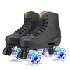 Patines de ruedas negros triples reflectantes para hombre y mujer, zapatillas deslizantes de patinaje cuádruple de cuero para adultos, patín de entrenamiento de 4 ruedas