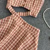 Sommer frauen Anzug Koreanische Retro Quadrat Kragen Plaid Hosenträger Kurze Top + Hohe Taille Rock Sets Dünne Weibliche DE004 210506