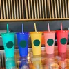 24 унции Изменение цветов Tumblers Пластиковый прозрачный питьевой чашка сока с губной и соломой Magic Coffee кружка цвета, изменяющие 5 шт. HH21-182A