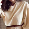 Women Short Hoodies Sweatshirt Spring Autumn Long Sleeve O Neck Casual Jumpers Fashion Home Wear Loose T-shirt 210510