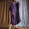 Johnature Autumn Purple Loose Batwing Sleeve Dress Linen Casual Vintage Women Retro O-neck Plus Size Dress 210521