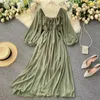 Woherb Chic Elegant Square Collar Maxi Dres Solid Chiffon Puff Sleeve Jurken Koreaanse Mode Vintage Ruffle Vestidos 210623