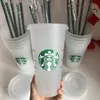 Starbucks 24oz / 710ml, Kunststoff-Tumbler wiederverwendbarer, klarer trinkender flacher unterer Becher Säule-Form-Deckel-Stroh-Becher Bardian, 5pcs Stock