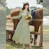 YOSIMI Long Women Dress Spring Light Green Scarf Collar Mid-calf A-line Fit and Flare Empire Sleeve Lace Elegant 210604