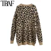 TRAF Women Fashion Leopard Print Loose Stickad Cardigan Sweater Vintage V Neck Långärmad Kvinnlig Ytterkläder Chic Toppar 210415