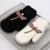 women Gloves winter Crystal dragonfly Rabbit fur brand gloves for female double warm full finger Mittens Christmas gifts 220113