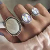 3 pezzi/set anelli vintage con catena metallica in pietra colorata, geometria trendy, set di anelli per gioielli da donna