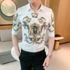 Luxe Barok Shirt Mannen Zomer Half Mouw Kroon Print Jurk Shirts Streetwear Social Party Casual Slim Shirt Camisa Masculina 210527