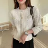 Women Sweater Knitted Cable Crew Neck O Cardigan Pearl Button Beige Black Autumn Solid Short Cropped M0256 210514