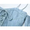 Niebieskie Seksowne Cysterny Dżinsowe Topy Kobiety Sznurek Lace-Up Slim Krótki Rękaw Spaghetti Pasek Clubwear Bar Puff Camis 210515