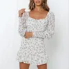 White Sheer Sleeve Dress Women Summer Boho Floral Bodycon Dress Vintage Ruffle Elastic Beach Holiday Dress Sundress 210415