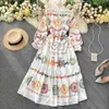 Autumn Women's Chic Sweet Wooden Ear Stand Collar Printed Court Long Sleeve Dress Lady Elegant Vestidos N416 210527