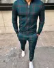 stylish plaid print tracksuit men's casual sports trousers 3D printing autumn thin zipper jacket suit2459