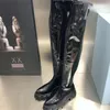 Overknee-Stiefel, lang, für Damen, Lackleder, Damenschuhe, dicker Boden, spitzer Zehenbereich, Ritter-Plattform, elastischer Stiefel