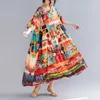 Johnature Summer Bohemia Dress Casual Women Cloths Multi Color Print Floral High Waist Vintage Cotton Linen Dress 210521