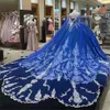 Glitter Royal Blue Court Train Quinceanera Vestidos De Bola Vestido Formal Prom Graduação Vestidos com Cape Princesa Doce 15 16 Vestido