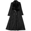 2021 가을 겨울 긴 소매 노치 - 옷깃 블랙 솔리드 컬러 트위드 벨트 스팽글 더블 브레스트 코트 우아한 긴 outwear 코트 21D0612855