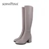 Sophitina runda tå stövlar mode solid högkvalitativ äkta läder fyrkantig häl Bekväma skor Kvinnors stövlar PC203 210513