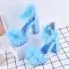 purple blue red fur female fur sandals platform heels chunky heel platform shoes and ankle strap high heels X0523