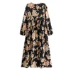 Boho Linking Up V Neck Flower Print Dress Black Ethnic Woman Bandaża Maxi Długie Sukienki Bawełniane Sukienki Wakacje Vestido 210429
