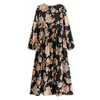 BOHO Lacing up V neck Flower Print Dress Black Ethnic Woman Bandage Maxi Long Cotton Sleeve Dresses Holiday Vestido 210429