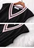 2024 Summer Sleeveless V Neck Black Pink Contrast Color Chiffon Belted Panelled Mid-Calf Dress Elegant Casual Dresses 1A1984383