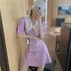 Été femmes violet robe col rabattu manches courtes double boutonnage Mini Vestidos bureau dame portant 210519