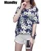 Nkandby Plus Taille T-shirt Tops pour femmes Summer Floral Impression Tee-shirts Casual Lâche Manches courtes Bambou Coton Grand Tshirt 210623