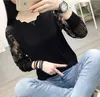 Koronki Z Długim Rękawem Kobiety T-shirt Drukuj Loose Fashion Wild Cienkie Czysta Kolor Elastyczne Knit Trójniki Sweter Kobiet Wiosna Lato 210427