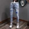 Ly Designer Mode Hommes Jeans Bleu Clair Haute Qualité Élastique Slim Fit Imprimé Denim Crayon Pantalon Streetwear Hip Hop Pantalon