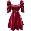 Donne Vino Rosso Strass Scava Fuori Vestito Sexy O-Collo Manica Lanterna Loose Fit Moda Primavera Estate GX329 210421