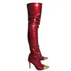 Handgjorda damer Real Pictures High Heels Over Knee Boots Gold Pointed-Toe Patent Läder Evening Party Prom Sexy Lår-High Booties Red Fashion Winter Shoes D523