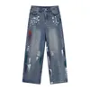IEFB Men's Clothing Streetwear Denim Trousers Korean Trend Hole Design Hip Hop Causal Wide Leg Jeans Printting 9Y7594 210524