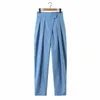 Pantalón Mujer Largo s con cintura alta Pierna ancha Sólido Azul Inglaterra Casual Verano Hasta el tobillo Pantalones 04 210628