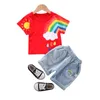 Conjuntos de roupas Bebê Crianças Meninas Meninas Roupas de Algodão T-shirt Calças Curtas Denim Arco-íris Imprimir equipamentos 1-4Y