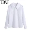 Damesmode-knoppen versieren witte blouses Vintage reverskraag Lange mouw Vrouwelijke shirts chique tops 210507